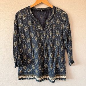 Lucky Brand Blue Boho Print Lace Inset Cotton Pleated Top Women's Size Medium